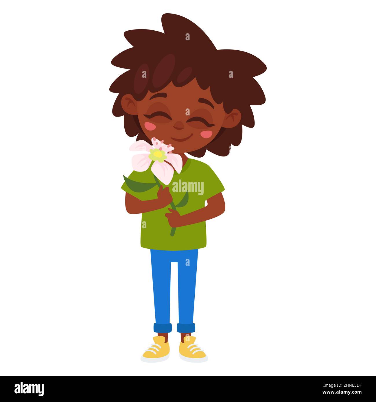 African American kid holding and sniffing flowers Stock Vector