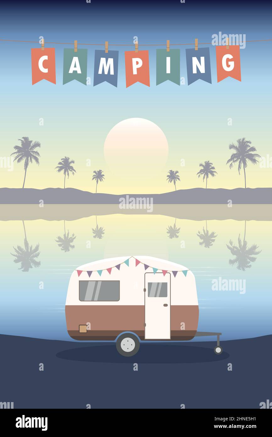 tropical camping adventure summer holiday with camper Stock Vector