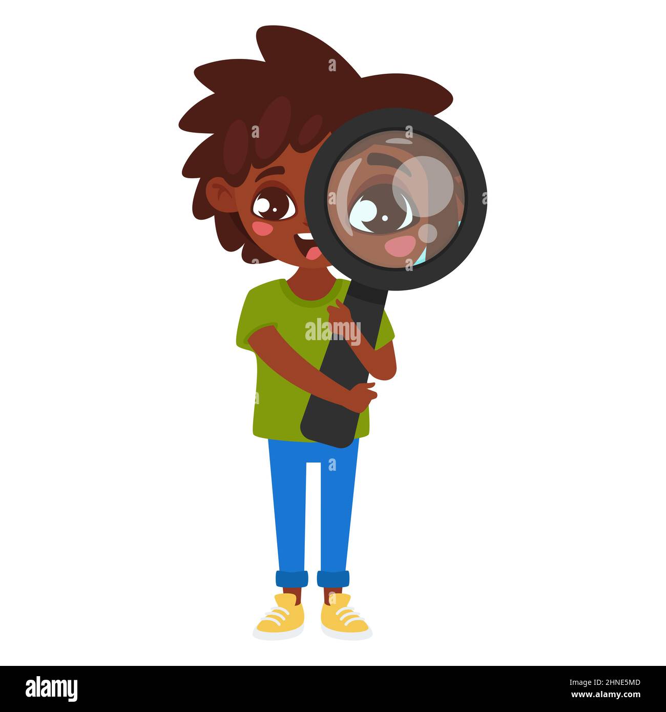 cartoon illustration of kid holding magnifying glass Stock Vector