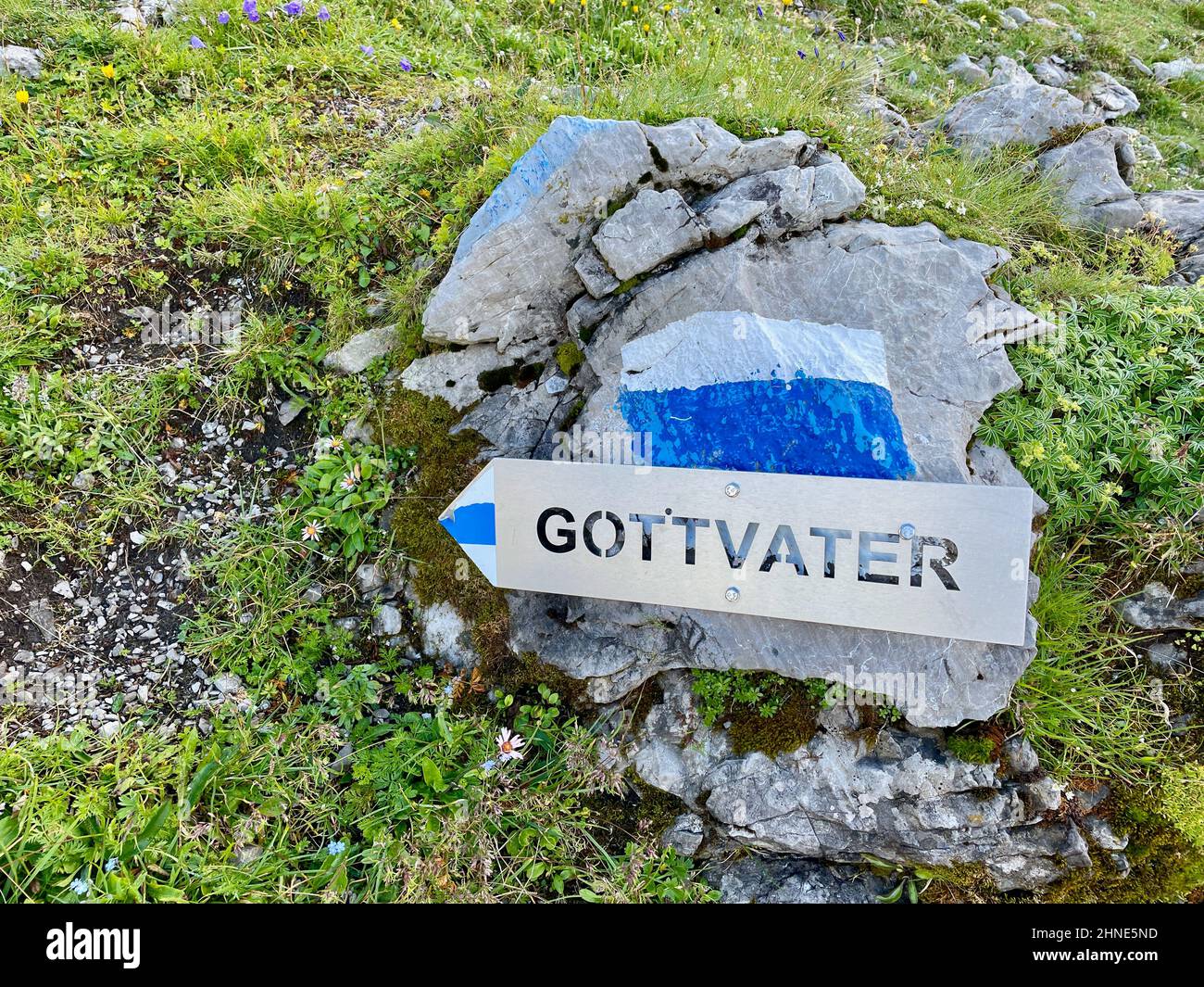 Marker and sign saying Gottvater, peak in Raetikon mountains. Vorarlberg, Austria. High quality photo Stock Photo