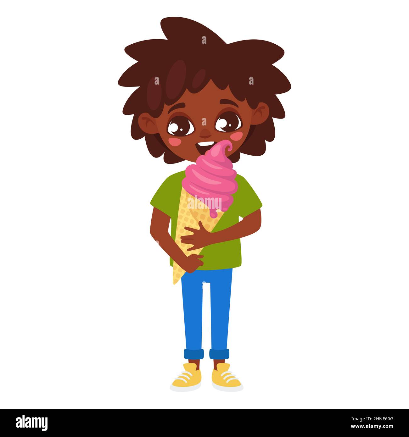 African American kid eating ice cream. Isolated Stock Vector