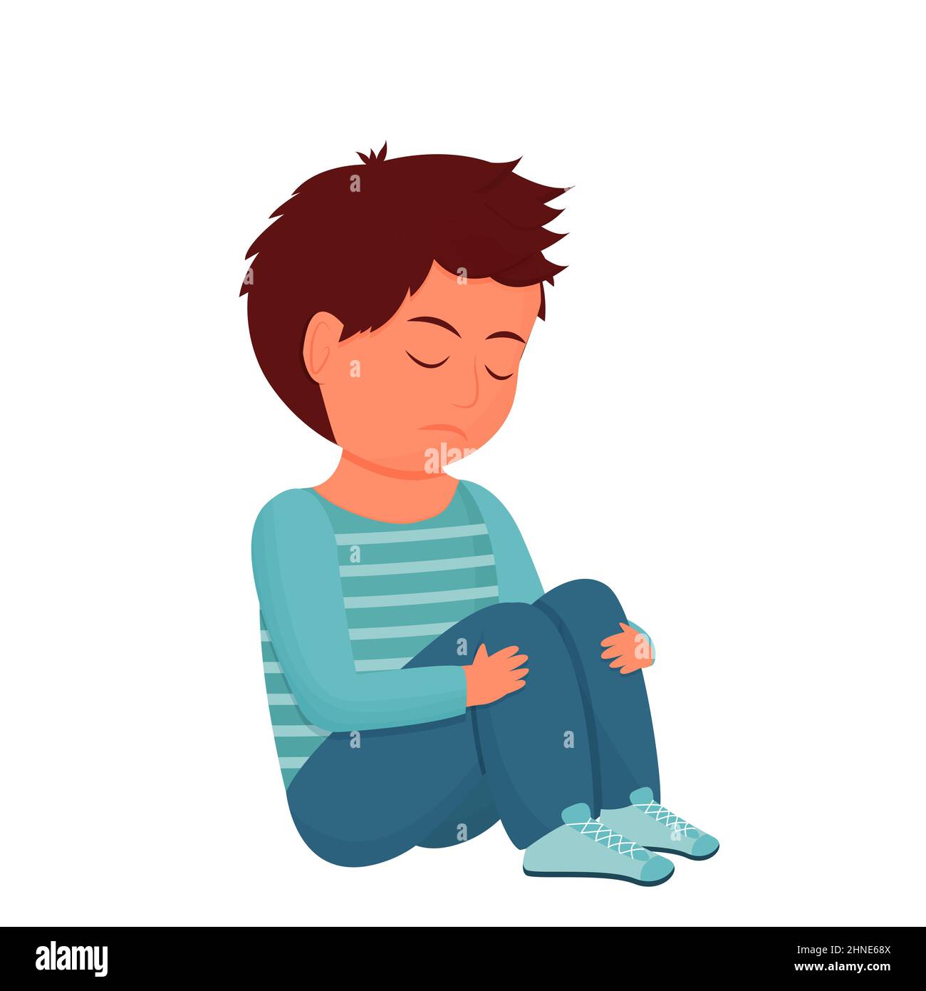 Sad, depressed child, kid sitting alone. Emotional pose, face. Psychology problem, stress concept isolated on white background. Vector illustration Stock Vector