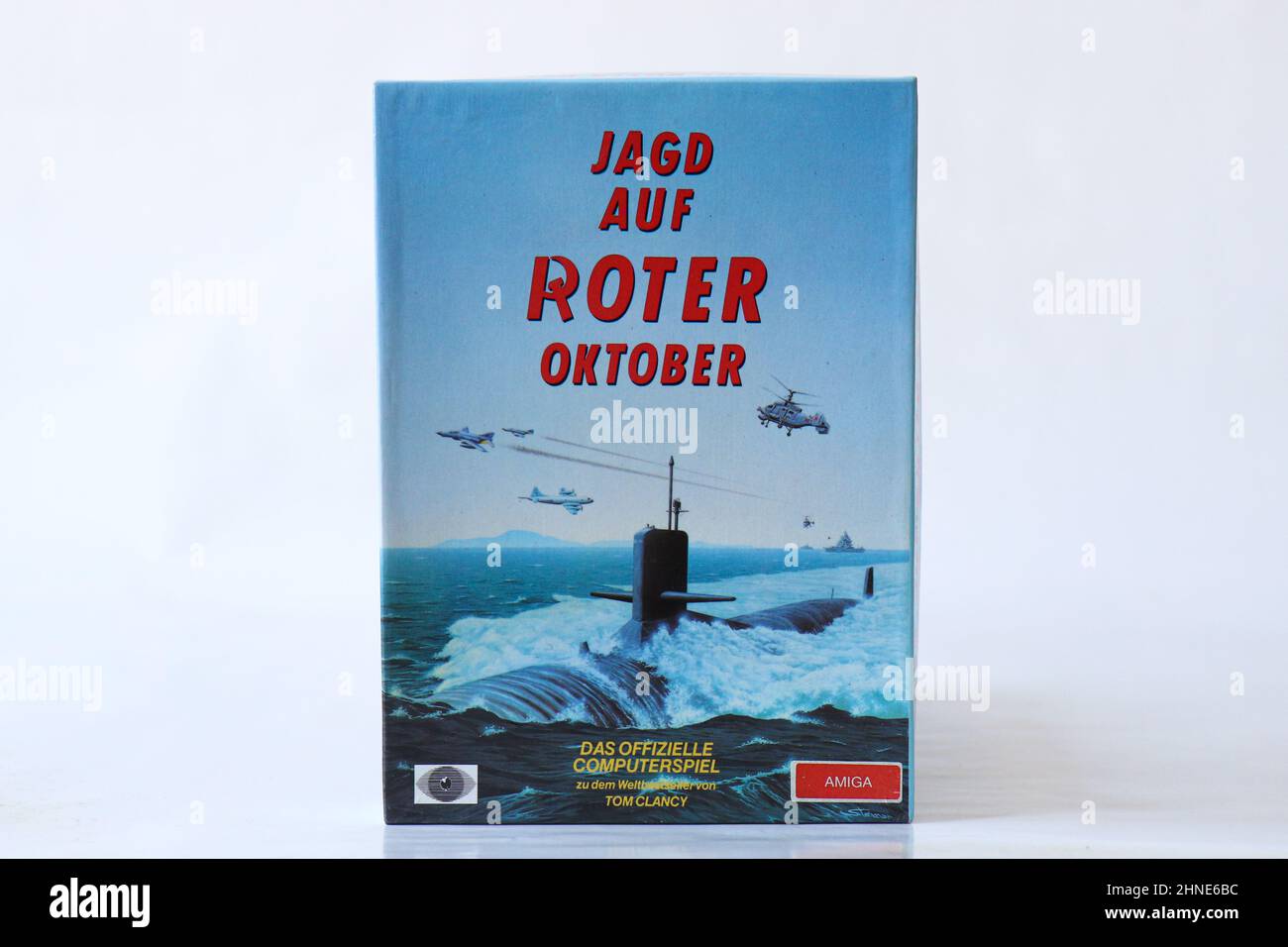 BERLIN - FEBRUARY 12, 2022: Vintage Retro Video Game JAGD AUF ROTER OKTOBER for the Commodore Amiga on Floppy Disks. German version of HUNT FOR RED OC Stock Photo