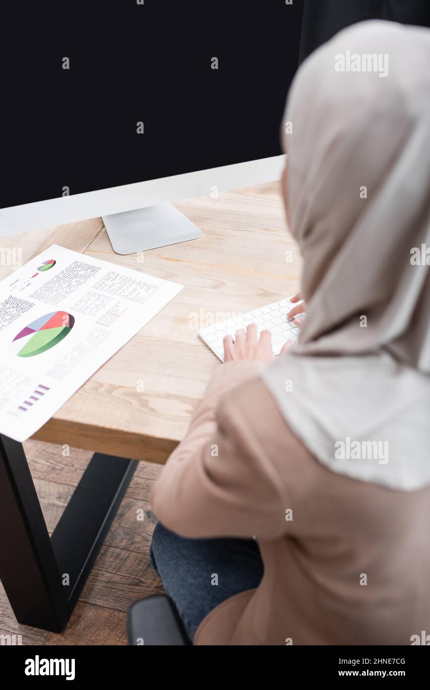 Back view of blurred muslim businesswoman typing on keyboard near