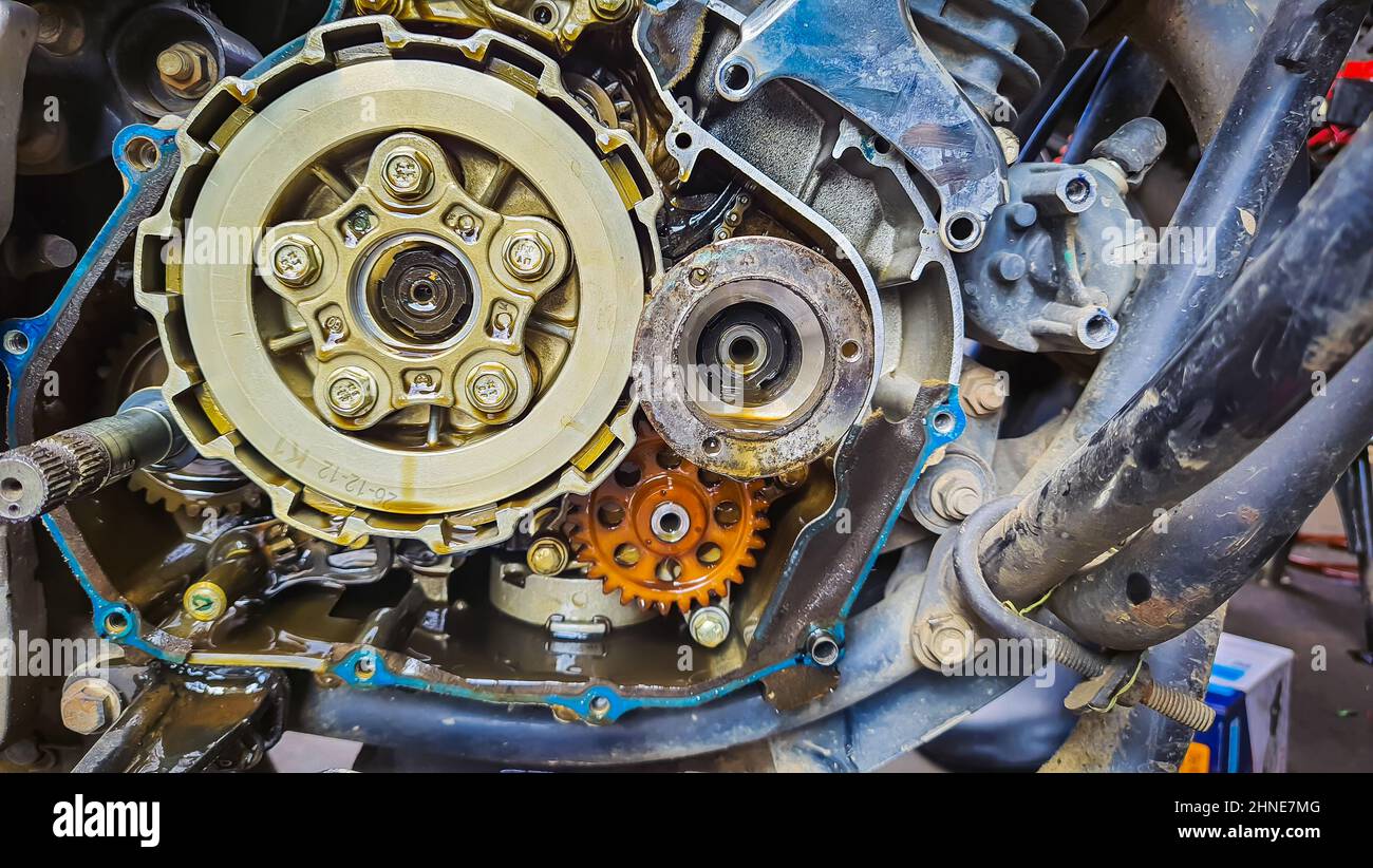 motorcycle engine clutch plate mechanism from flat angle Stock Photo