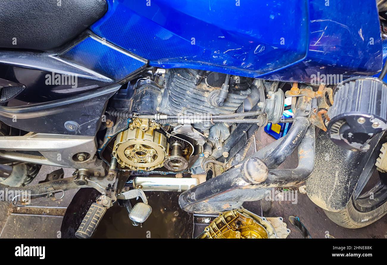 motorcycle engine clutch plate mechanism from flat angle Stock Photo