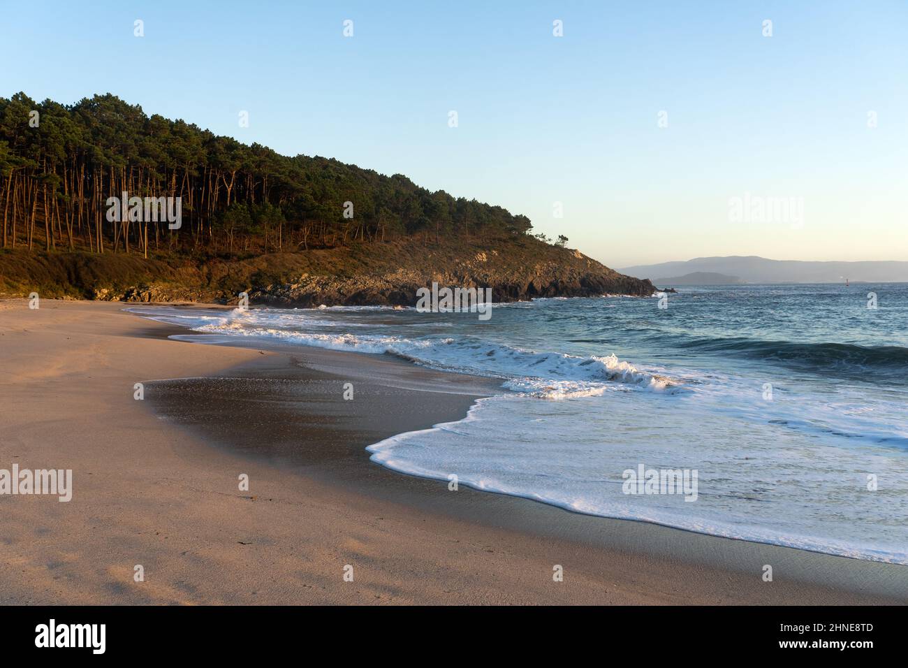 Melide beach surrounded by a pine forest in Home Cape natural zone at sunset in Rias Baixas. Pontevedra, Galicia, Spain. Stock Photo