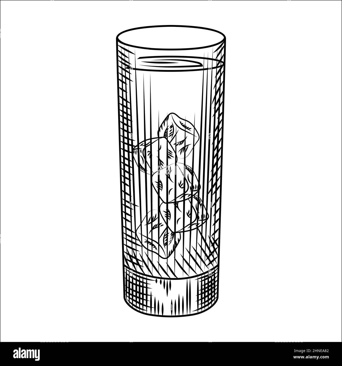 Highball glass of ice water. Glass of lemonade and ice cubes. Engraving