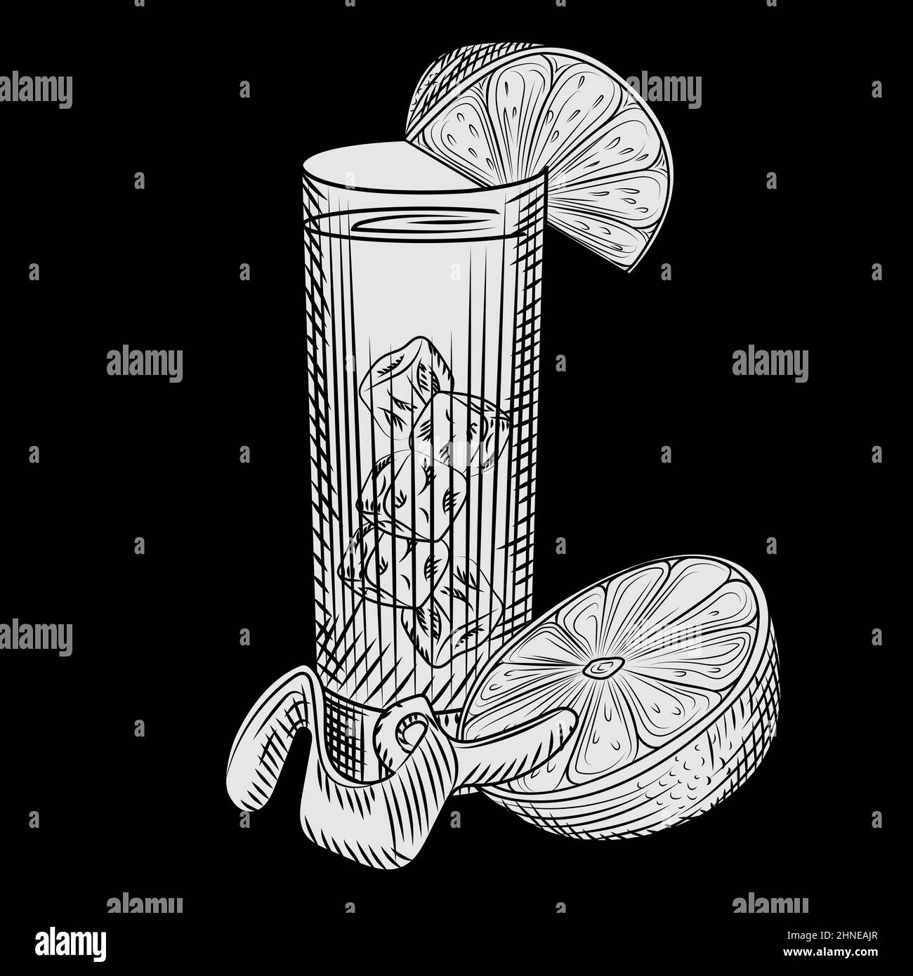 Highball glass of fresh orange juice and orange slice on blackboard