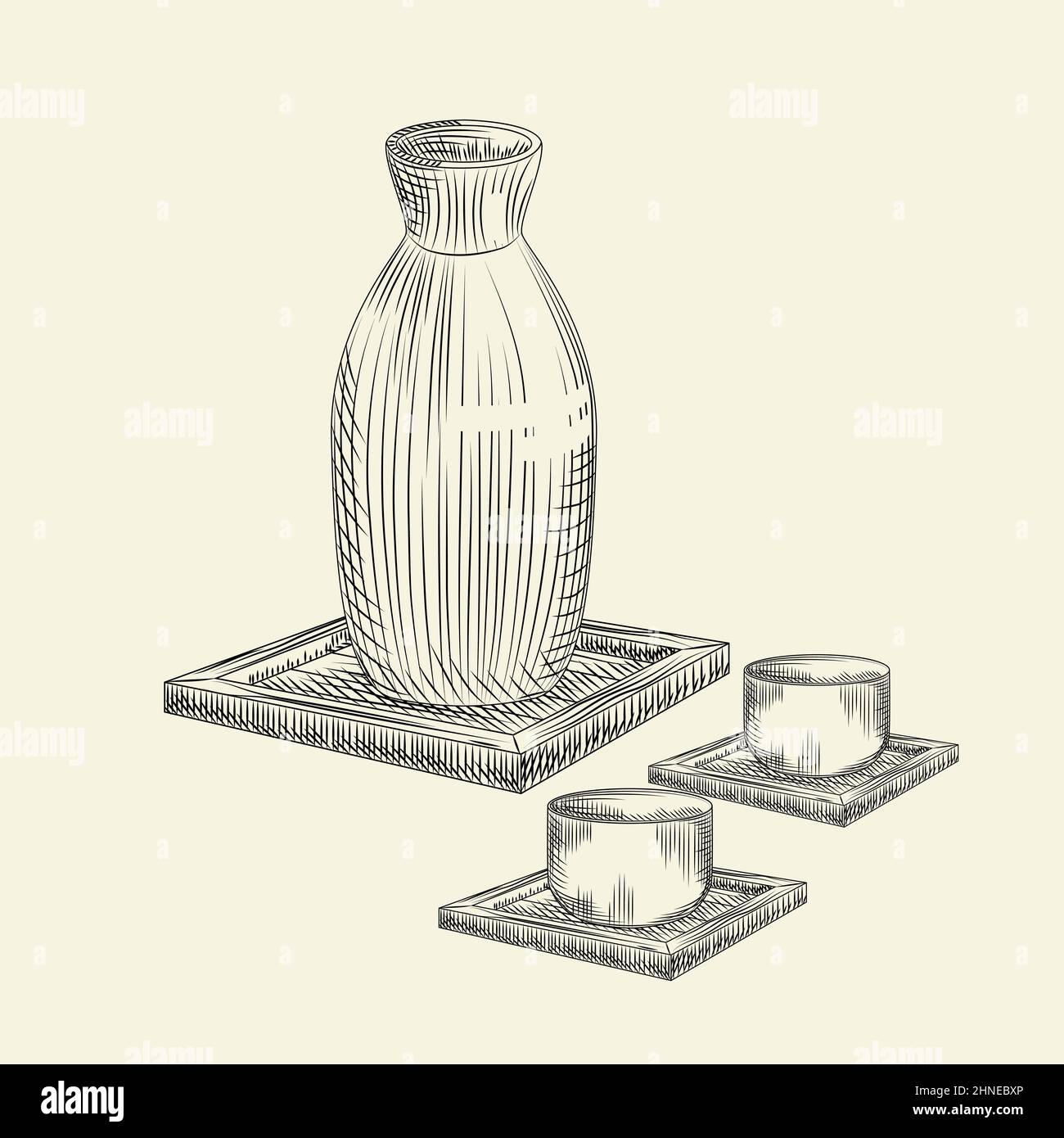 Set os Japanese sake and cup isolated on white background. Ceramic