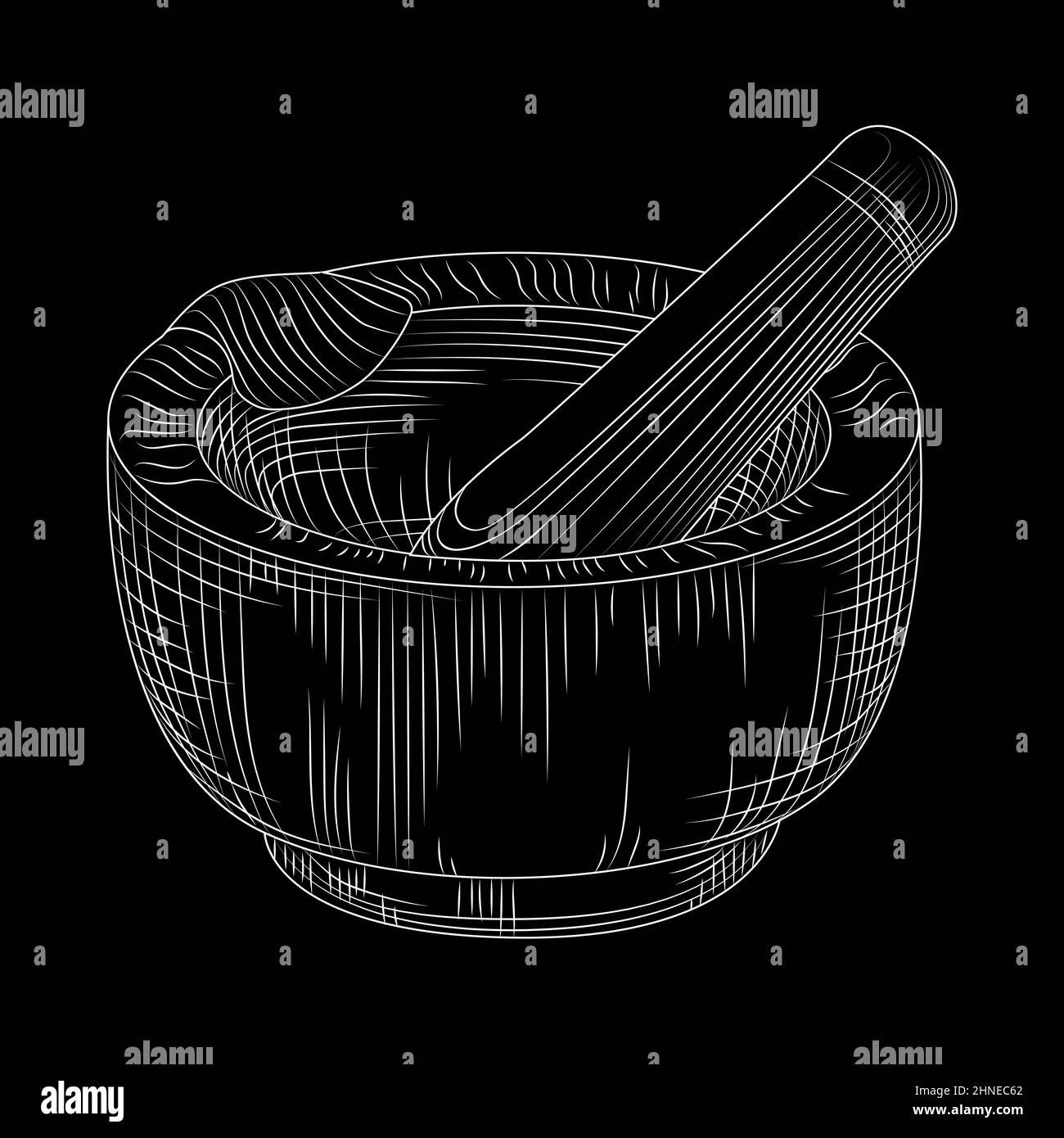 Hand drawn mortar and pestle on blackboard. Grinding spices and solid food ingredients. Engraved style. Vector illustration Stock Vector