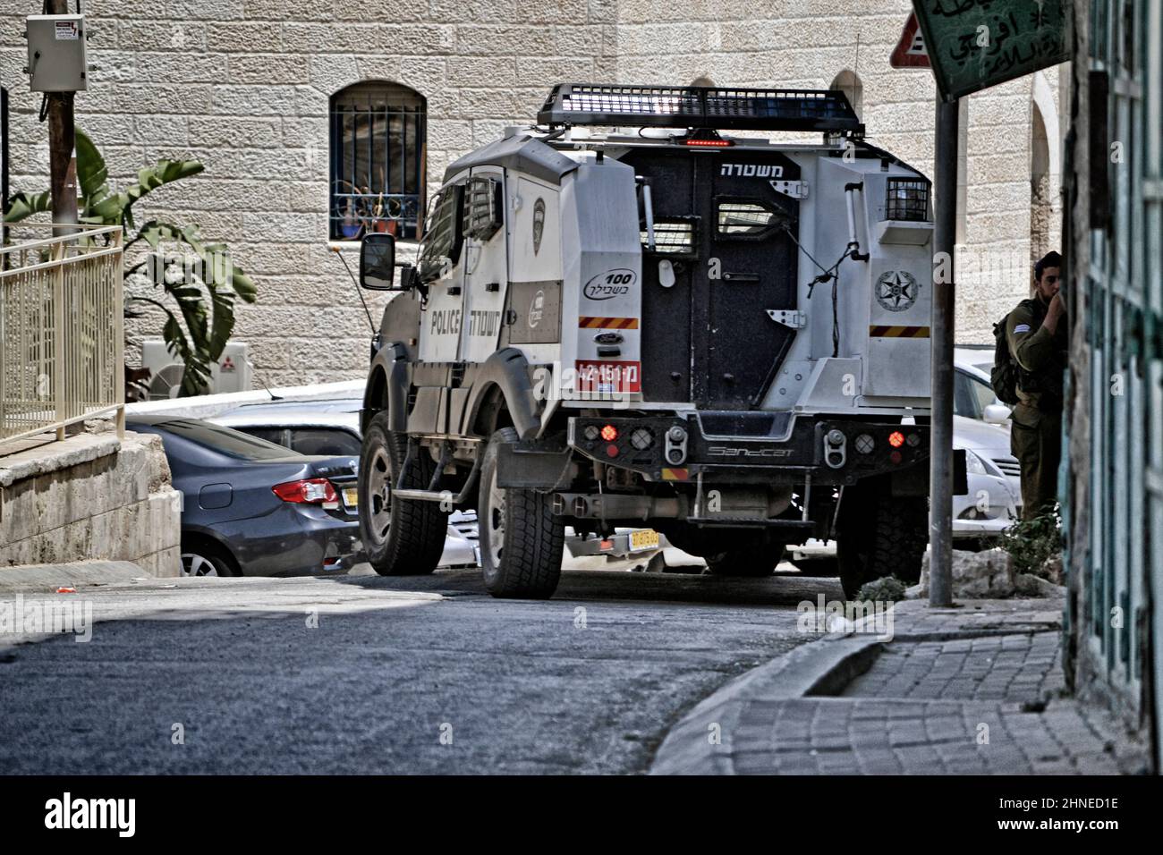 Vehicle of Israeli police patrolling the streets in the West Bank Stock Photo