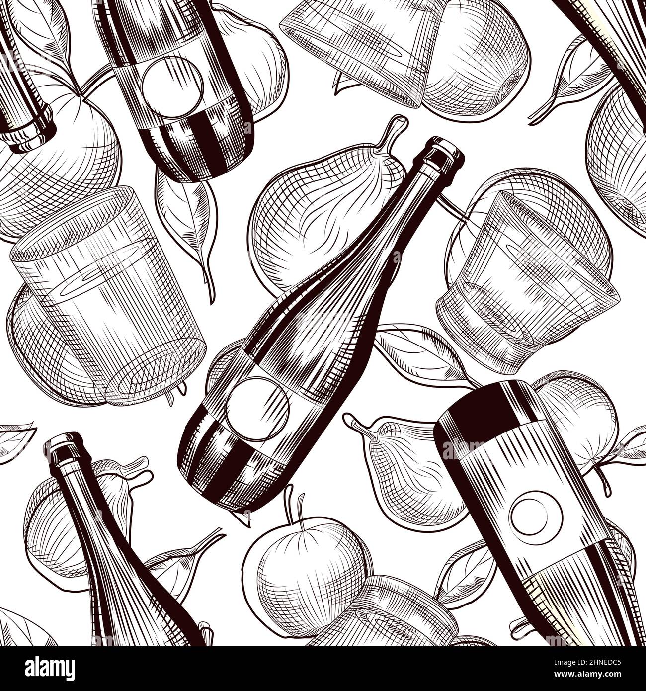 Cider bottles seamless pattern. Fruit alcohol wallpaper. Restaurant and bar menu concept