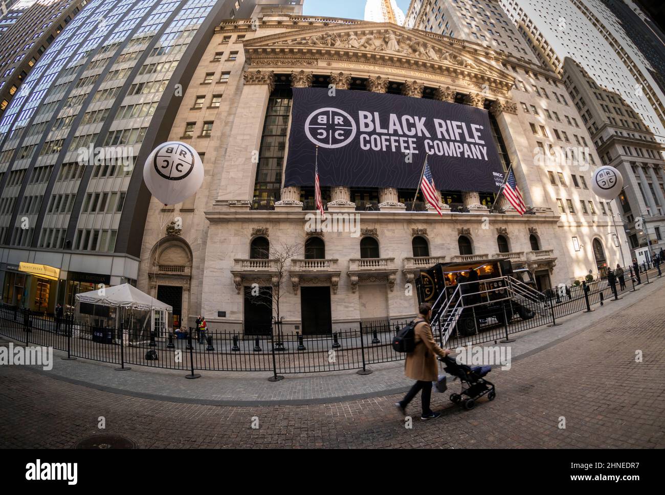 The facade of the New York Stock Exchange is decorated for the listing via a SPAC of Black Rifle Coffee Company on Thursday, February 10, 2022. The veteran owned coffee company merged with the blank check company Silverbox Engaged Merger Corp.via a SPAC. The brand is popular with conservative and gun-rights aficionados. The company is planning to open approximately 78 retail “outposts” by 2023.  (© Richard B. Levine) Stock Photo