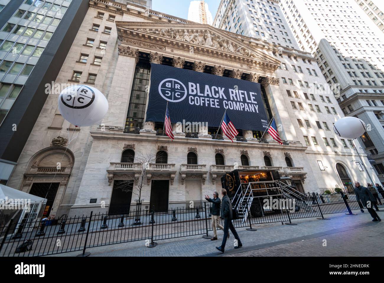 The facade of the New York Stock Exchange is decorated for the listing via a SPAC of Black Rifle Coffee Company on Thursday, February 10, 2022. The veteran owned coffee company merged with the blank check company Silverbox Engaged Merger Corp.via a SPAC. The brand is popular with conservative and gun-rights aficionados. The company is planning to open approximately 78 retail “outposts” by 2023.  (© Richard B. Levine) Stock Photo