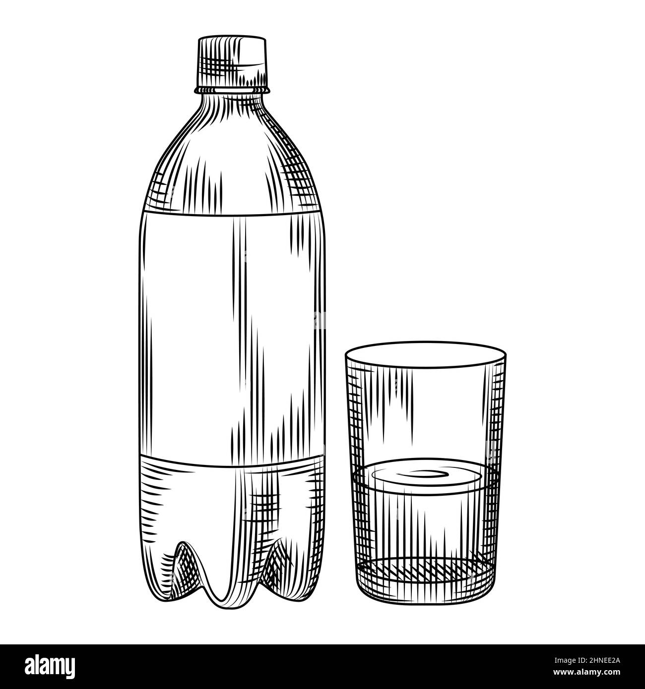 Hand drawn plastic bottle isolated on white background. Engraving vintage style. Vector