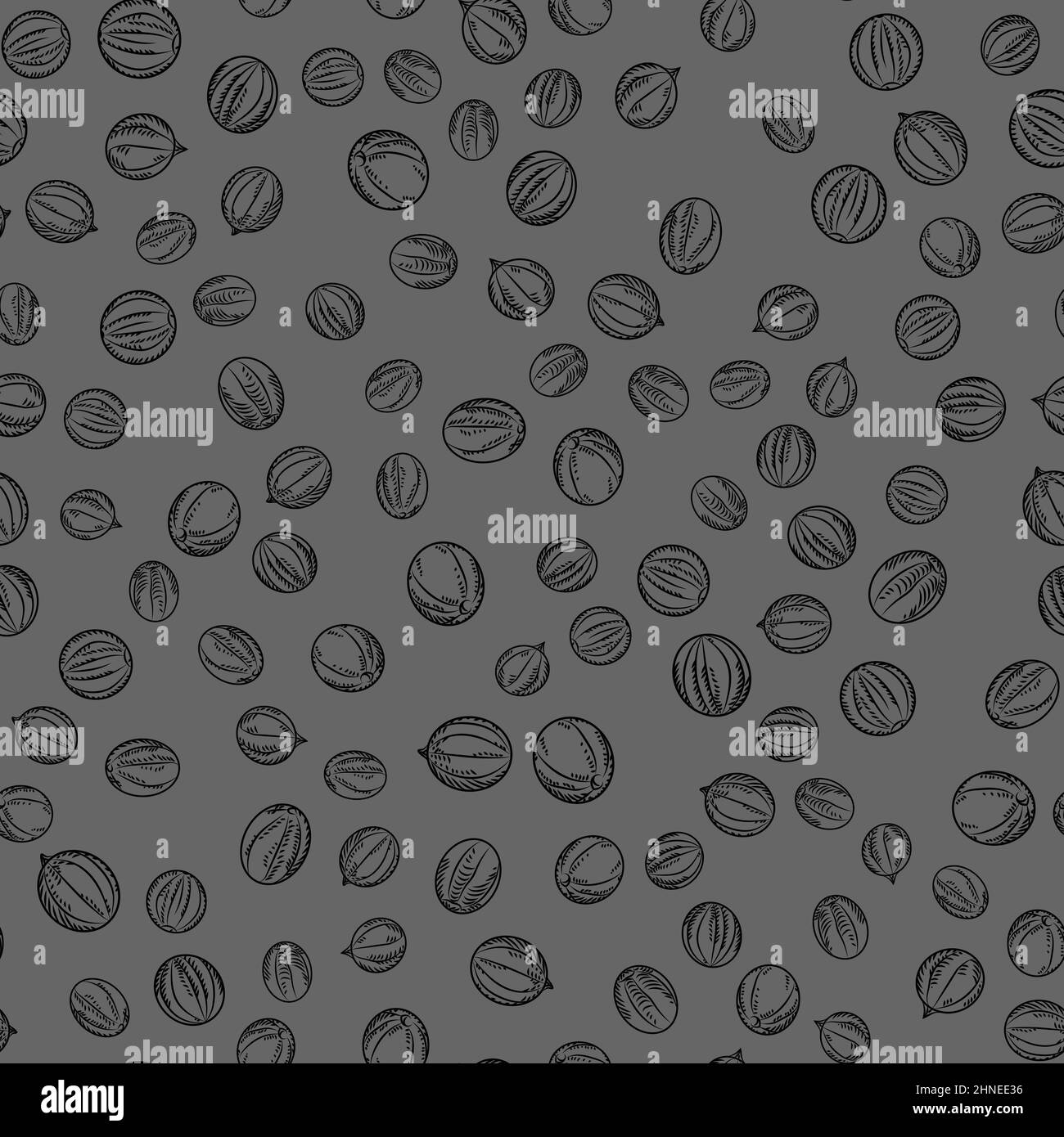 Black pepper seamless pattern on black background. Cooking ingredients wallpaper. Monochrome engraving vintage style. Vector illustration. Stock Vector