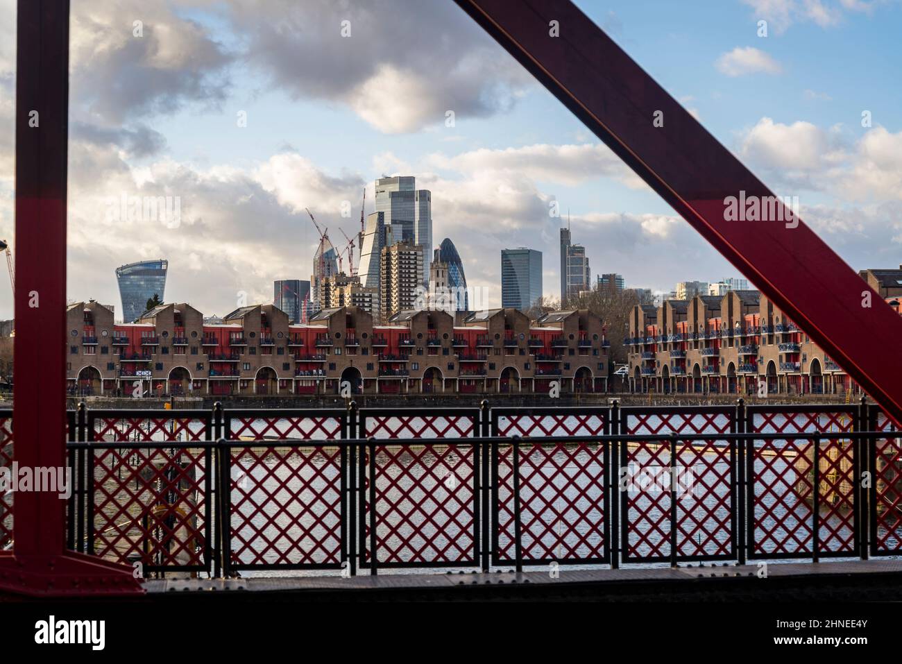 View of the City of London and Shadwell Basin from Bascule Bridge, Wapping, a redeveloped former docks area in Tower Hamlets, London, UK Stock Photo