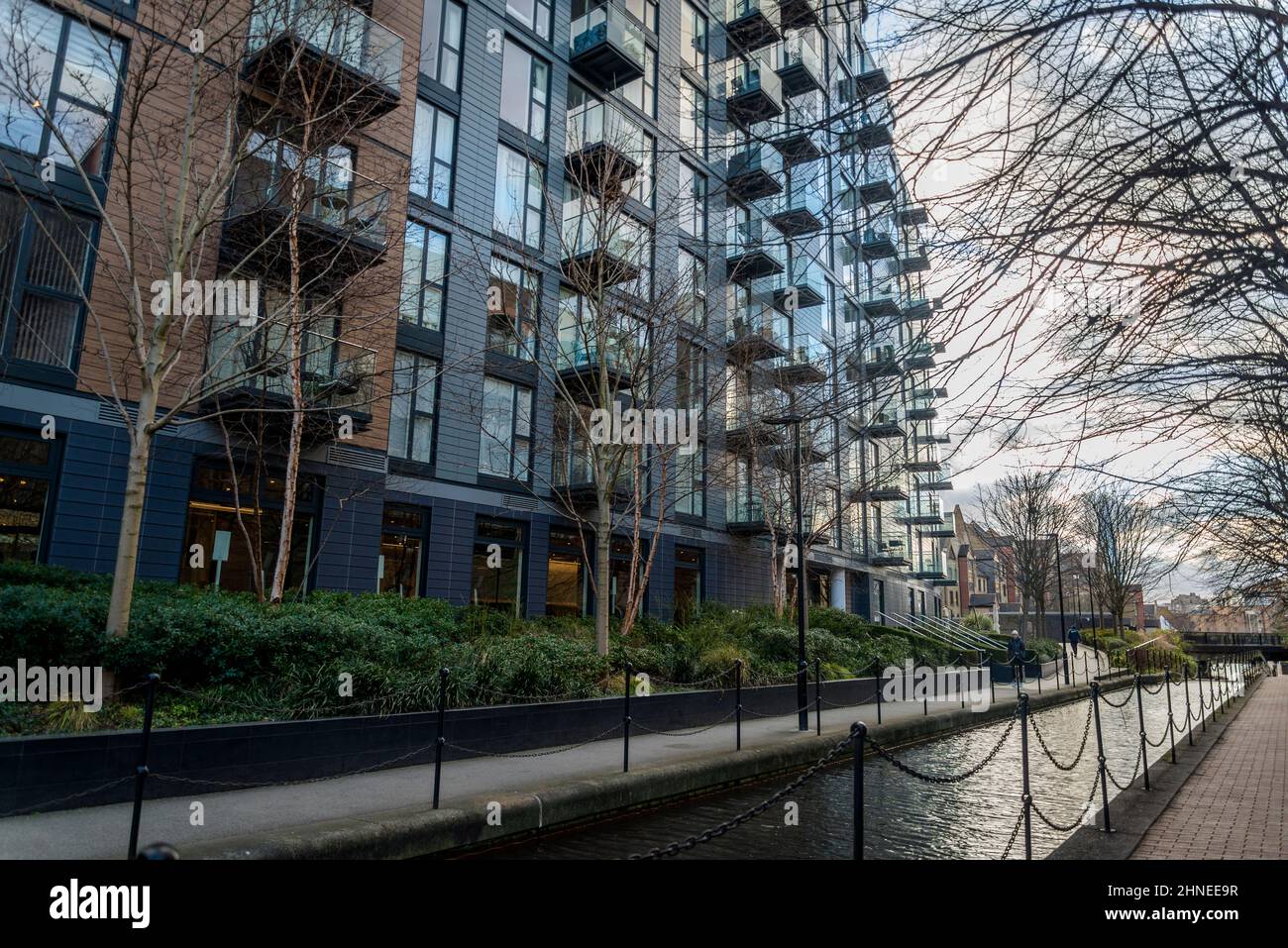 Park vista tower luxury flats along a canal in Wapping, a redeveloped
