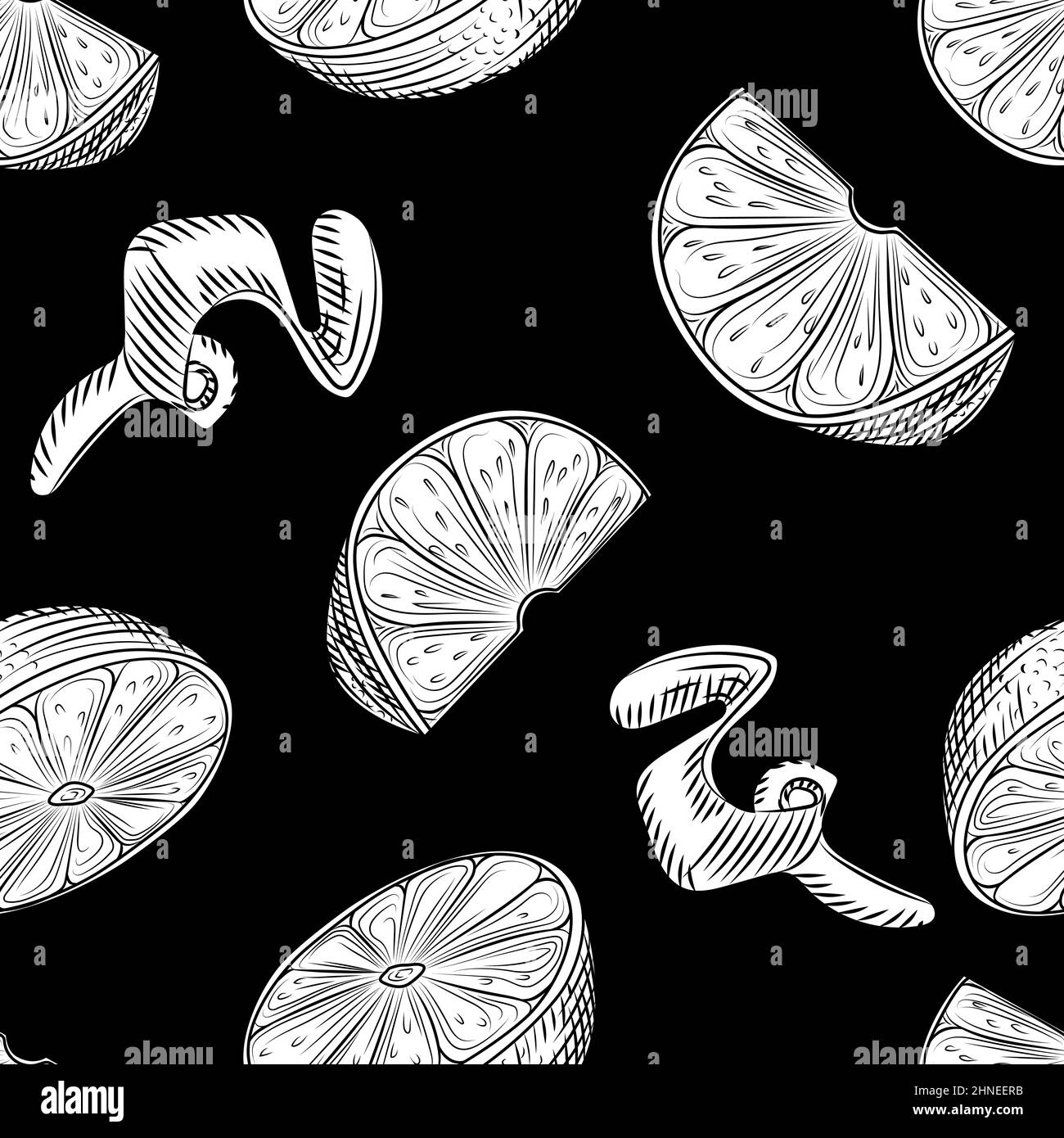Hand drawn lemon slice and peel seamless pattern on black background ...