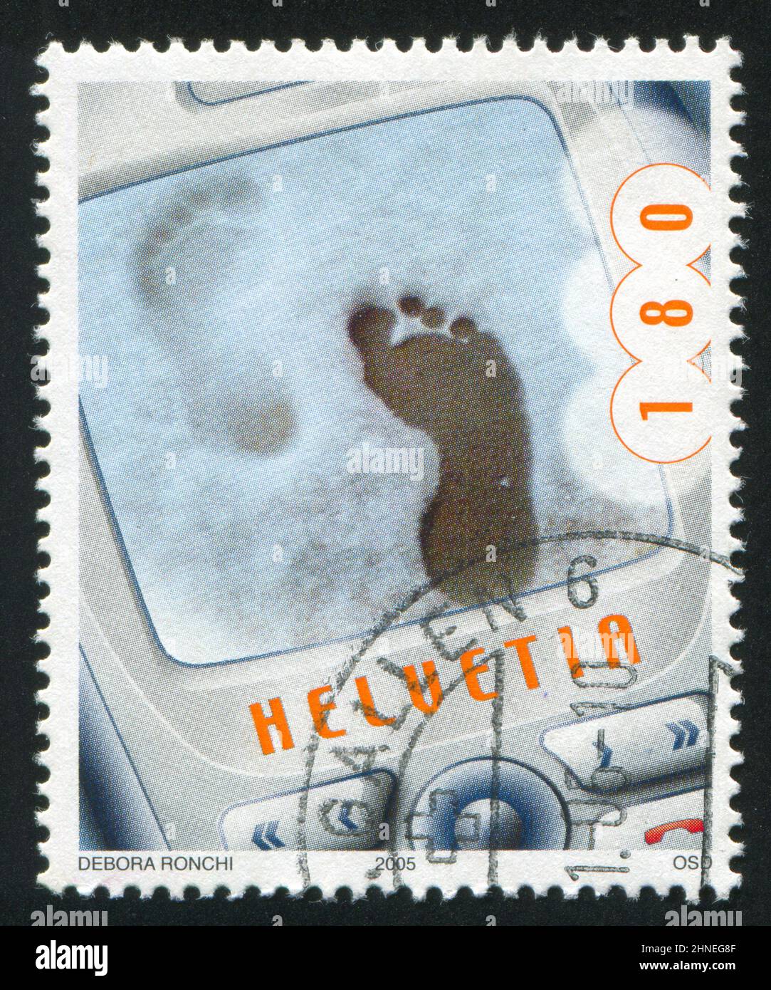 SWITZERLAND - CIRCA 2005: stamp printed by Switzerland, shows Tracks in the snow by Debora Ronchi, circa 2005 Stock Photo