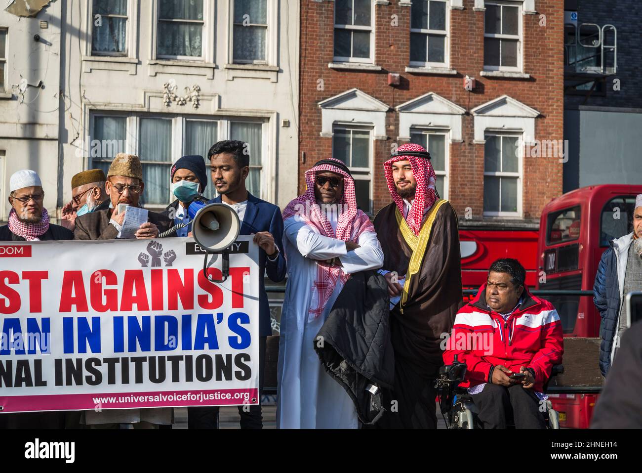 Protest against hijab ban in schools in India, Altab Ali Park, formerly known as St Mary's Park, Whitechapel Road, Tower Hamlets, London, UK Stock Photo