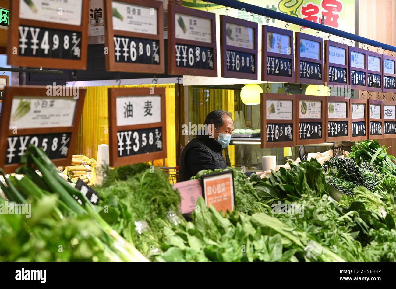 Handan, China's Hebei Province. 16th Feb, 2022. A customer shops vegetables at a supermarket in Handan, north China's Hebei Province, Feb. 16, 2022. China's inflation was further tamed in January as food prices saw a decline, while price retreats in coal and steel sectors prompted factory-gate inflation to moderate, official data showed Wednesday. The consumer price index (CPI), a main gauge of inflation, rose 0.9 percent year on year in January, down from the 1.5-percent increase a month ago, data from the National Bureau of Statistics (NBS) showed. Credit: Hao Qunying/Xinhua/Alamy Live News Stock Photo