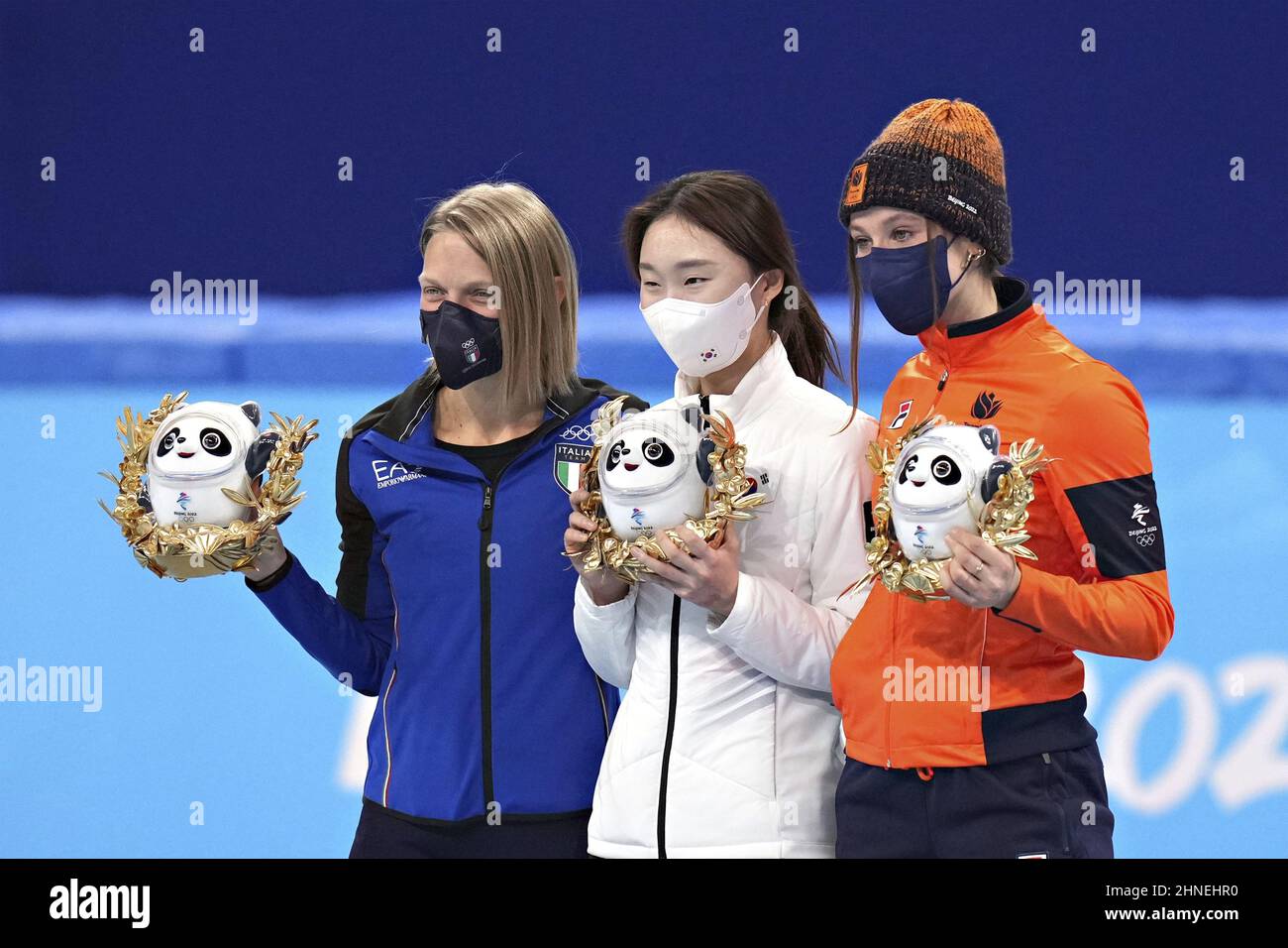 Beijing, China. 16th Feb, 2022. Arianna Fontana of Italy, left, Minjeong Choi of South Korea, center, and Suzanne Schulting of Netherlands, pose with their Bing Dwen Dwen mascots during the venue ceremony for the Women's 1500m Short Track Speed Skating in the Capital Indoor Stadium at the Beijing 2022 Winter Olympic on Wednesday, February 16, 2022. Minjeong Choi of South Korea, won the gold medal, Arianna Fontana of Italy, the silver medal and Suzanne Schulting of Netherlands, the bronze medal. Photo by Richard Ellis/UPI Credit: UPI/Alamy Live News Stock Photo