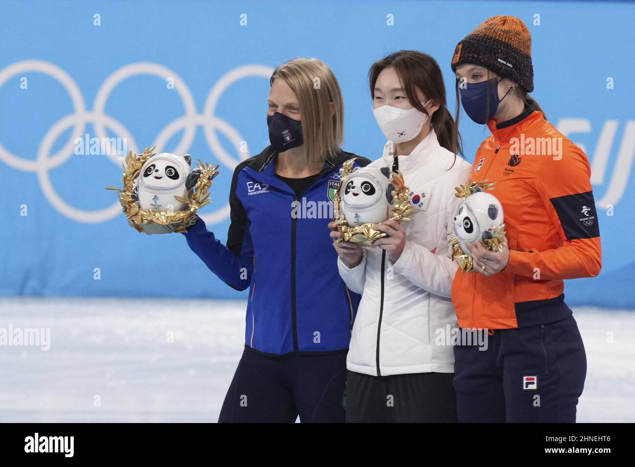 Beijing, China. 16th Feb, 2022. Arianna Fontana of Italy, left, Minjeong Choi of South Korea, center, and Suzanne Schulting of Netherlands, pose with their Bing Dwen Dwen mascots during the venue ceremony for the Women's 1500m Short Track Speed Skating in the Capital Indoor Stadium at the Beijing 2022 Winter Olympic on Wednesday, February 16, 2022. Minjeong Choi of South Korea, won the gold medal, Arianna Fontana of Italy, the silver medal and Suzanne Schulting of Netherlands, the bronze medal. Photo by Richard Ellis/UPI Credit: UPI/Alamy Live News Stock Photo