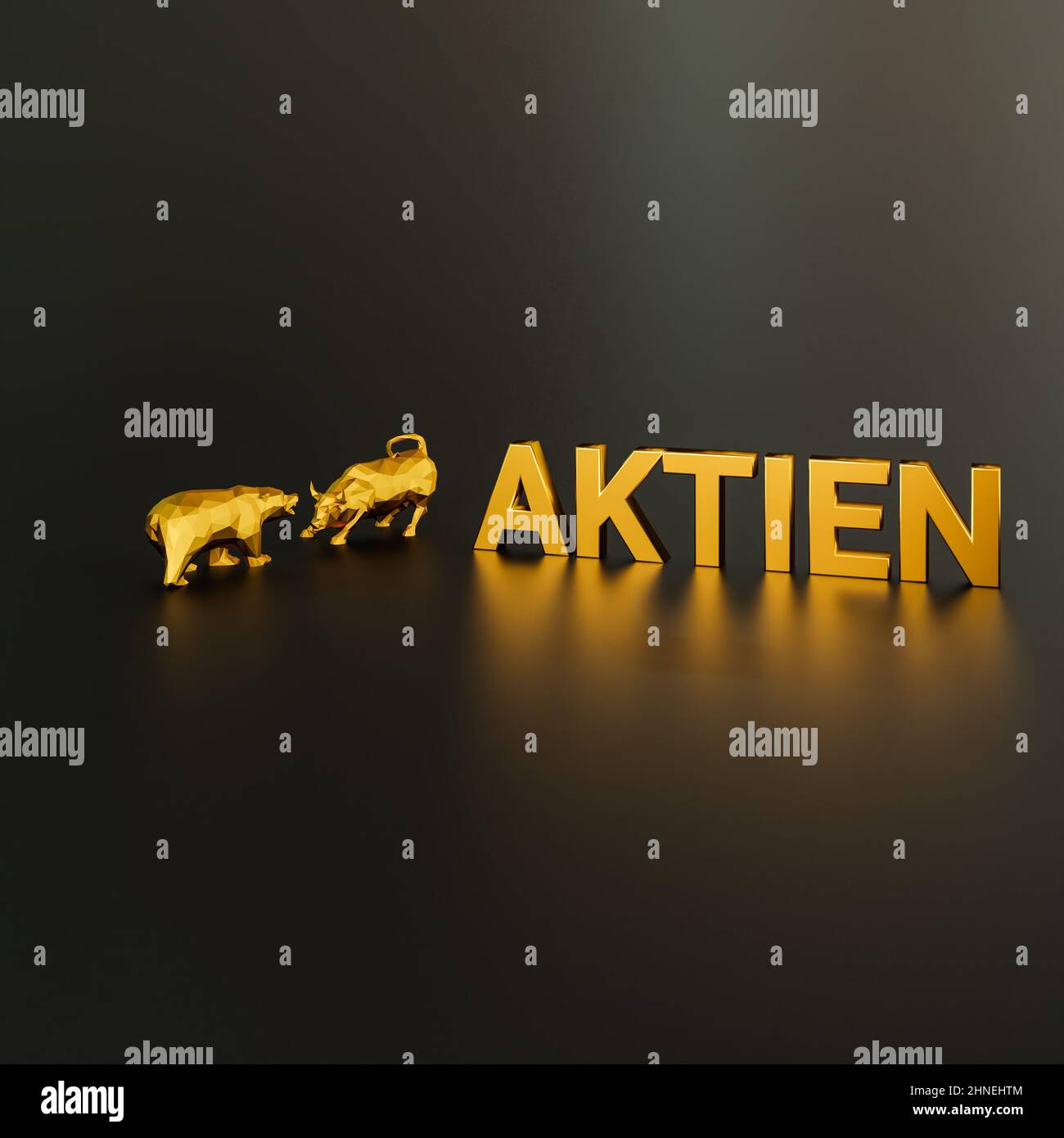 German word Aktien (Shares) concept. A bull and bear besides the golden text Aktien. Stock Photo