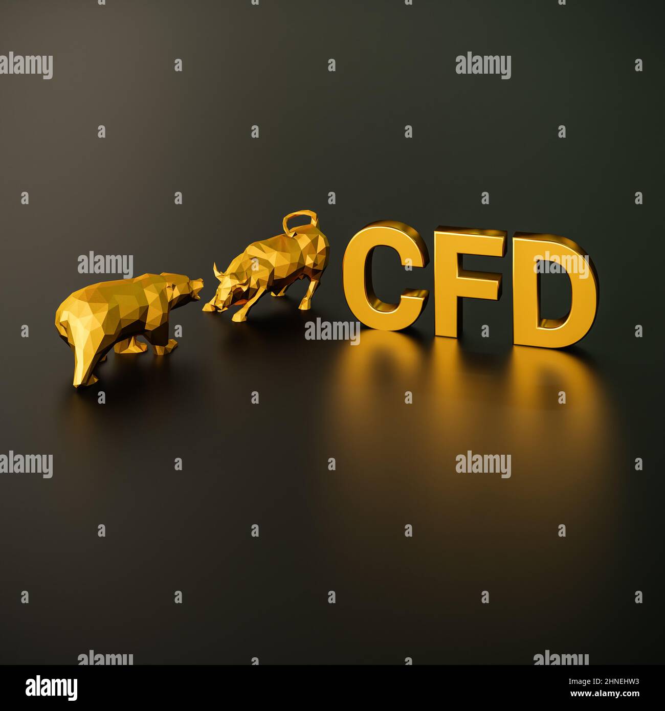 Contracts for Difference CFD concept. A bull and bear besides the golden text CFD. Stock Photo