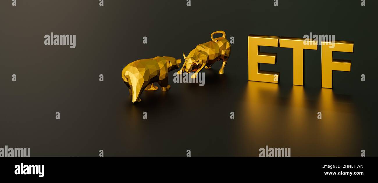 Exchange traded fund concept. A bull and bear besides the golden text ETF. Web banner format Stock Photo