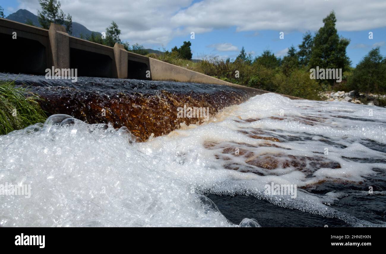Rushing water forming foam at weir in river Stock Photo Alamy