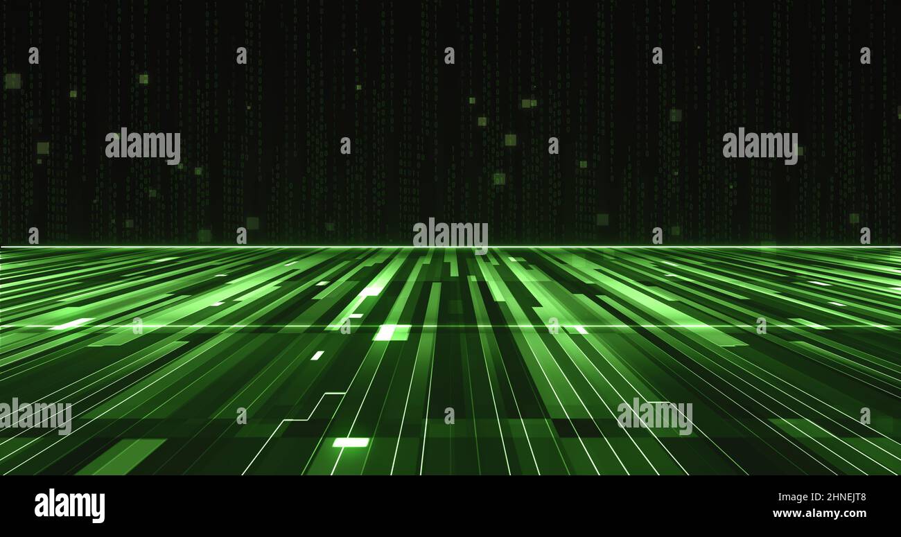 Cyberspace landscape with binary code on the background. Abstract matrix style. 3D illustration Stock Photo