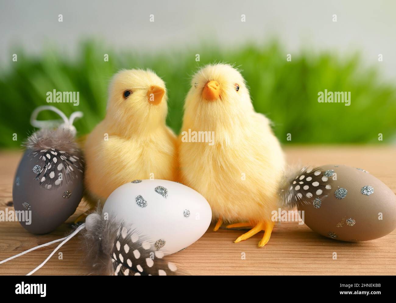 Easter composition with Colorful Easter eggs, chicks on green grass and grey background. Easter concept. Stock Photo