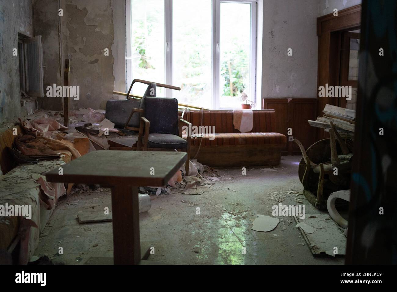 old destroyed lobby of an abandoned sanatorium, Germany Stock Photo