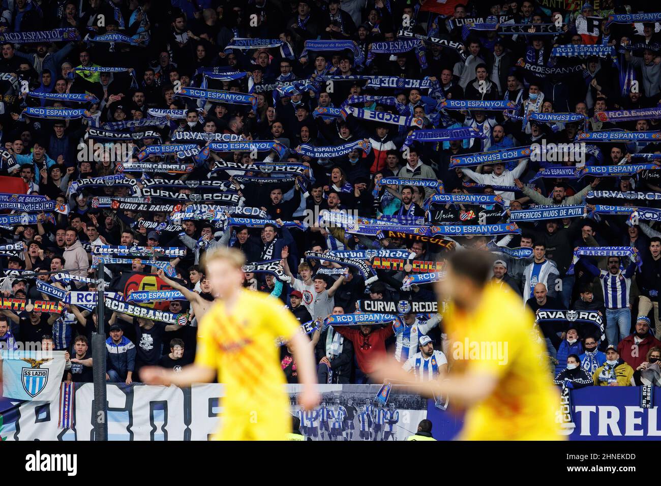 BARCELONA - FEB 13: Supporters move their scarfs during the La Liga match between RCD Espanyol and FC Barcelona at the RCDE Stadium on February 13, 20 - Stock Image