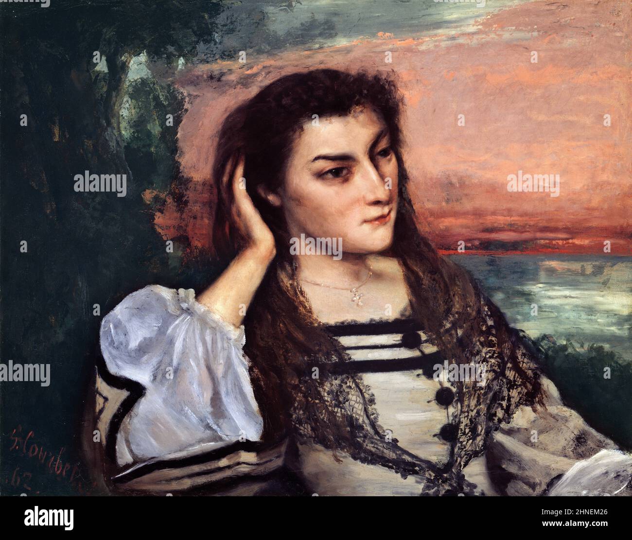 Rêverie (Portrait of Gabrielle Borreau) by Gustave Courbet (1819-1877), oil on paper mounted on canvas, 1862 Stock Photo