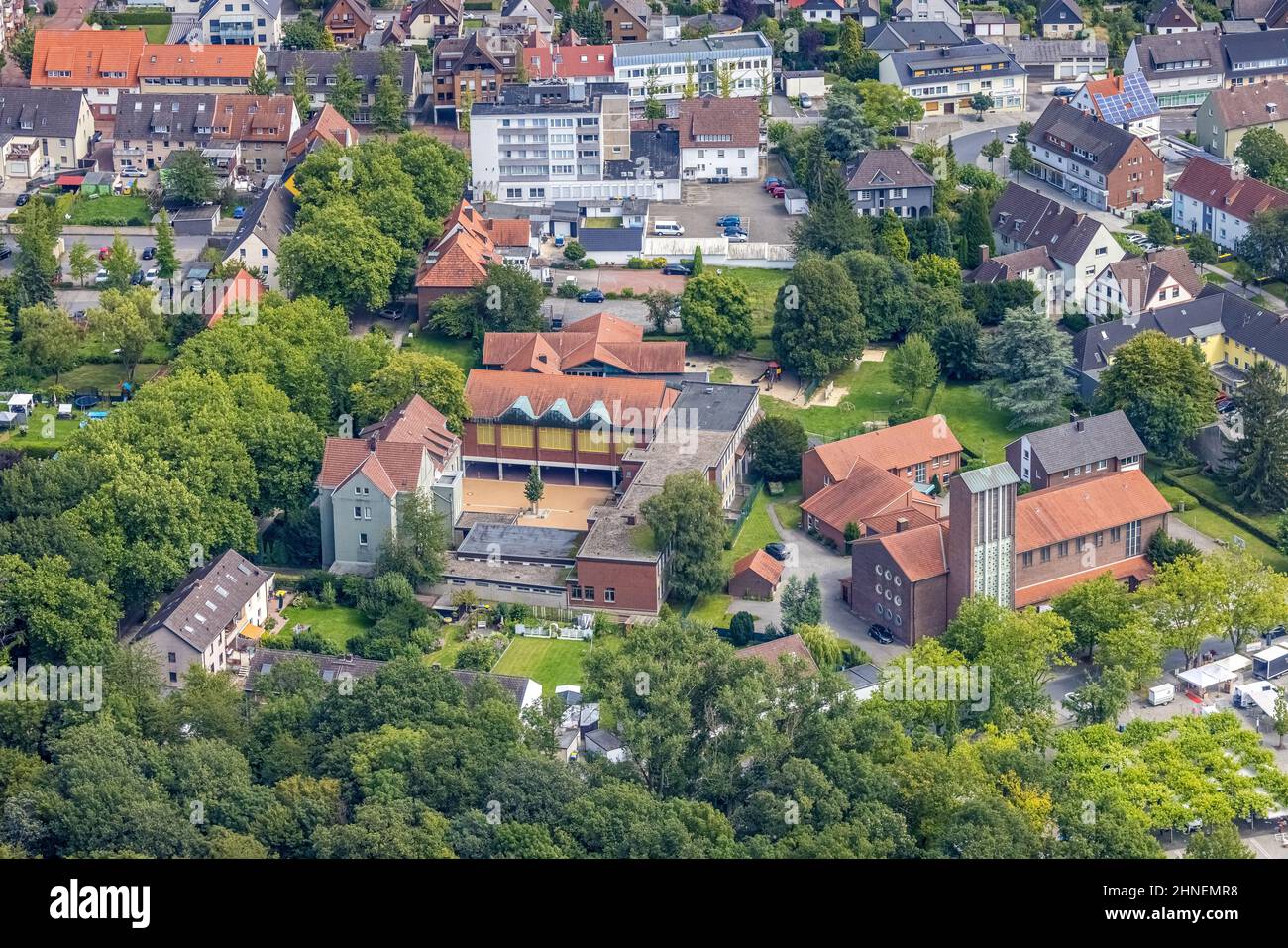 Aerial view, catholic church St. Elisabeth as well as Pestalozzi school