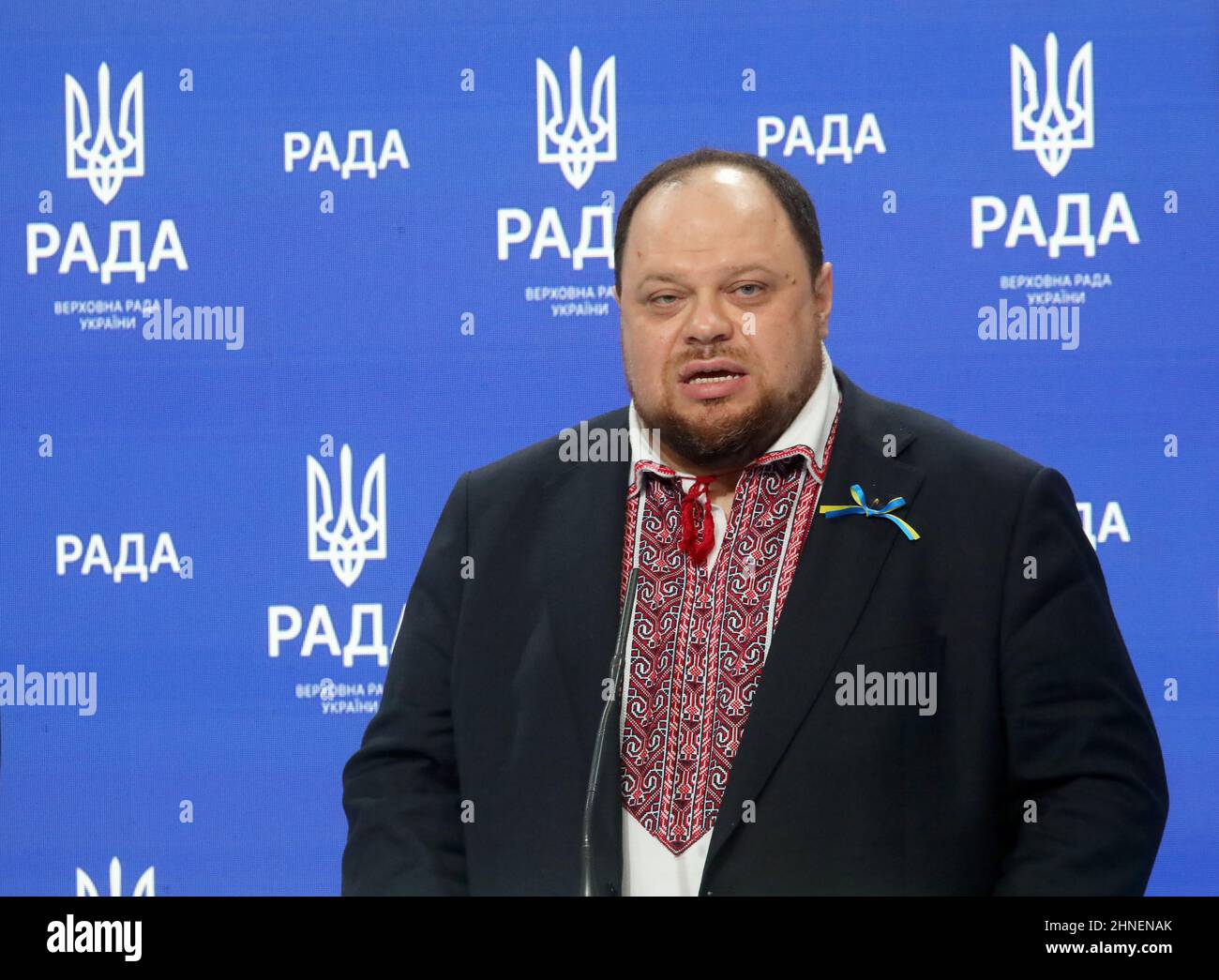 KYIV, UKRAINE - FEBRUARY 16, 2022 - Speaker of the Verkhovna Rada of Ukraine Ruslan Stefanchuk attends a briefing with Deputy Marshal of the Sejm of t Stock Photo