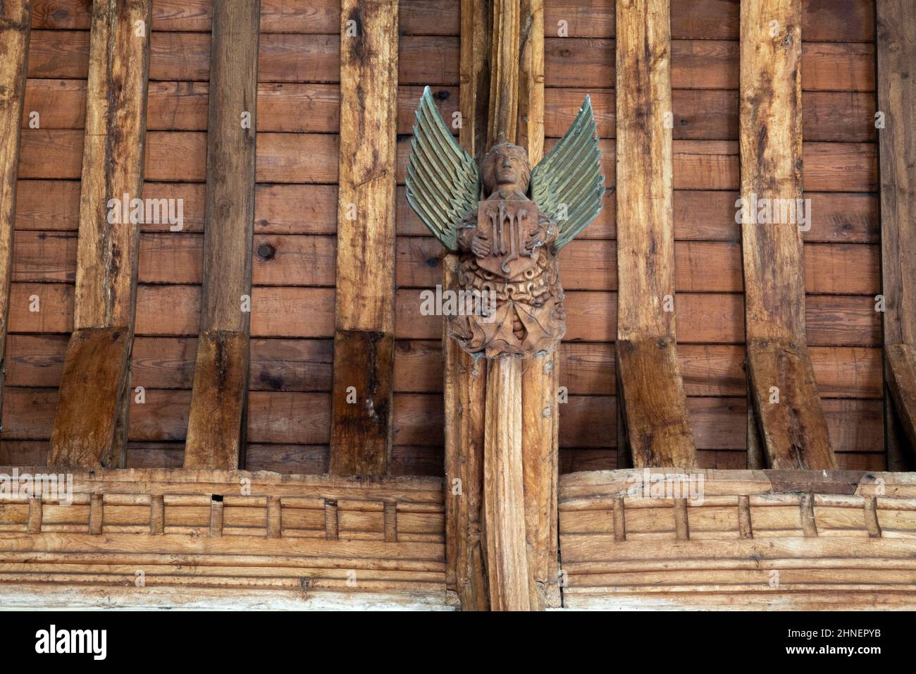 St Mary the Virgin Church, Gissing, Carved Angel, roof, Stock Photo