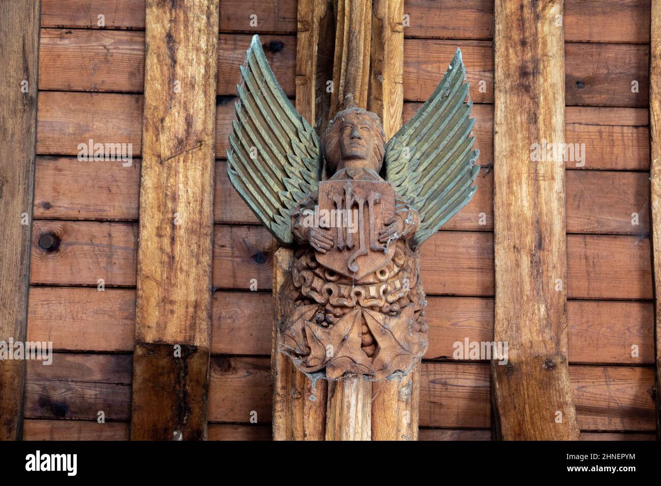 St Mary the Virgin Church, Gissing, Carved Angel, roof, Stock Photo
