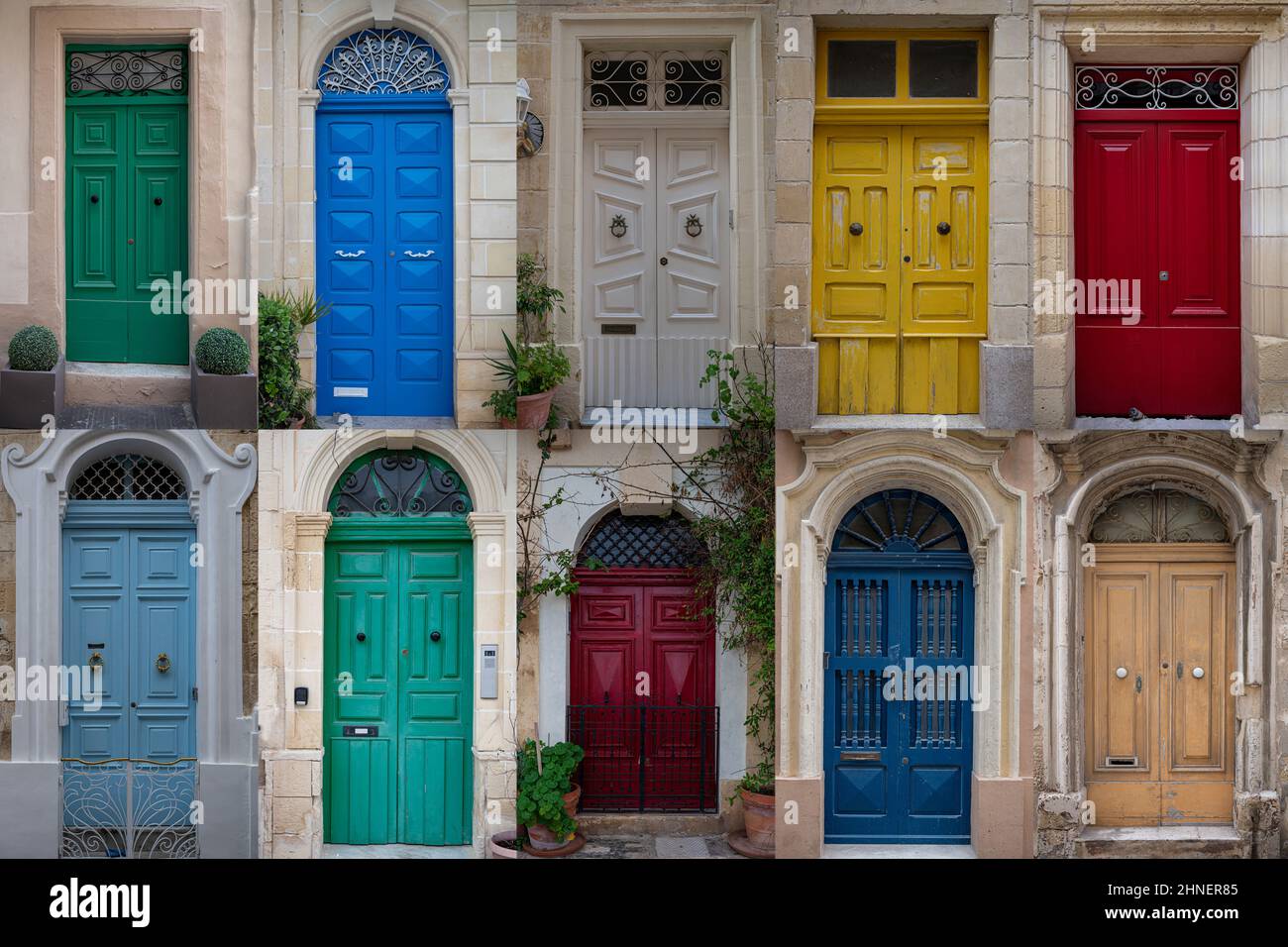 Collage of colorful front doors in Malta Stock Photo