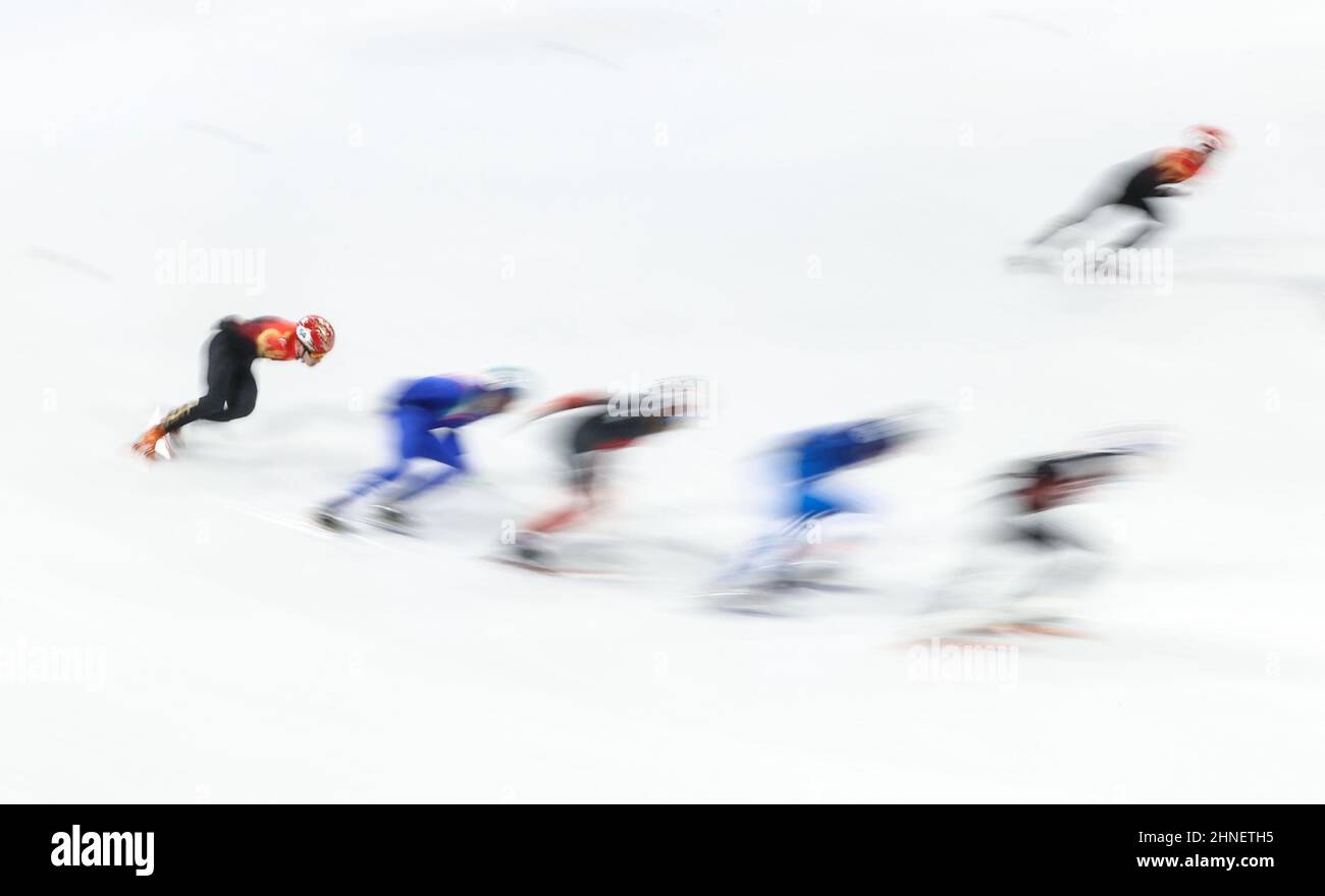 Beijing, China. 16th Feb, 2022. Ren Ziwei of China (1st L) competes during the men's 5,000m relay final of short track speed skating at Capital Indoor Stadium in Beijing, capital of China, Feb. 16, 2022. Credit: Yang Lei/Xinhua/Alamy Live News Stock Photo