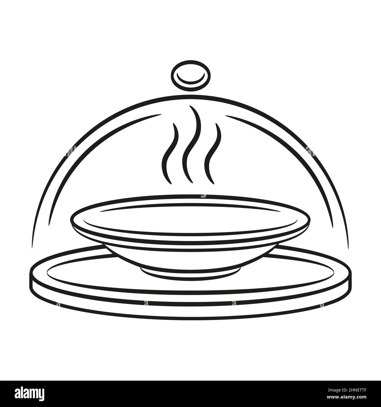 Restaurant serving, hot dish food on tray platter, lunch time line icon. Soup plate with steam under cloche. Cafe menu. Order eating, waiter. Vector Stock Vector