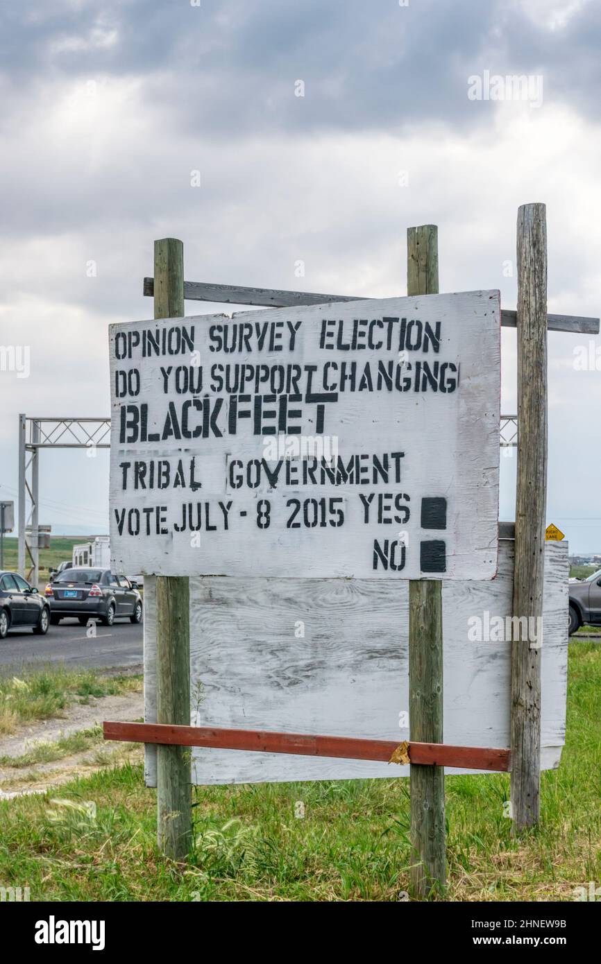 Blackfeet Tribal Government election sign in Browning, Montana. Stock Photo