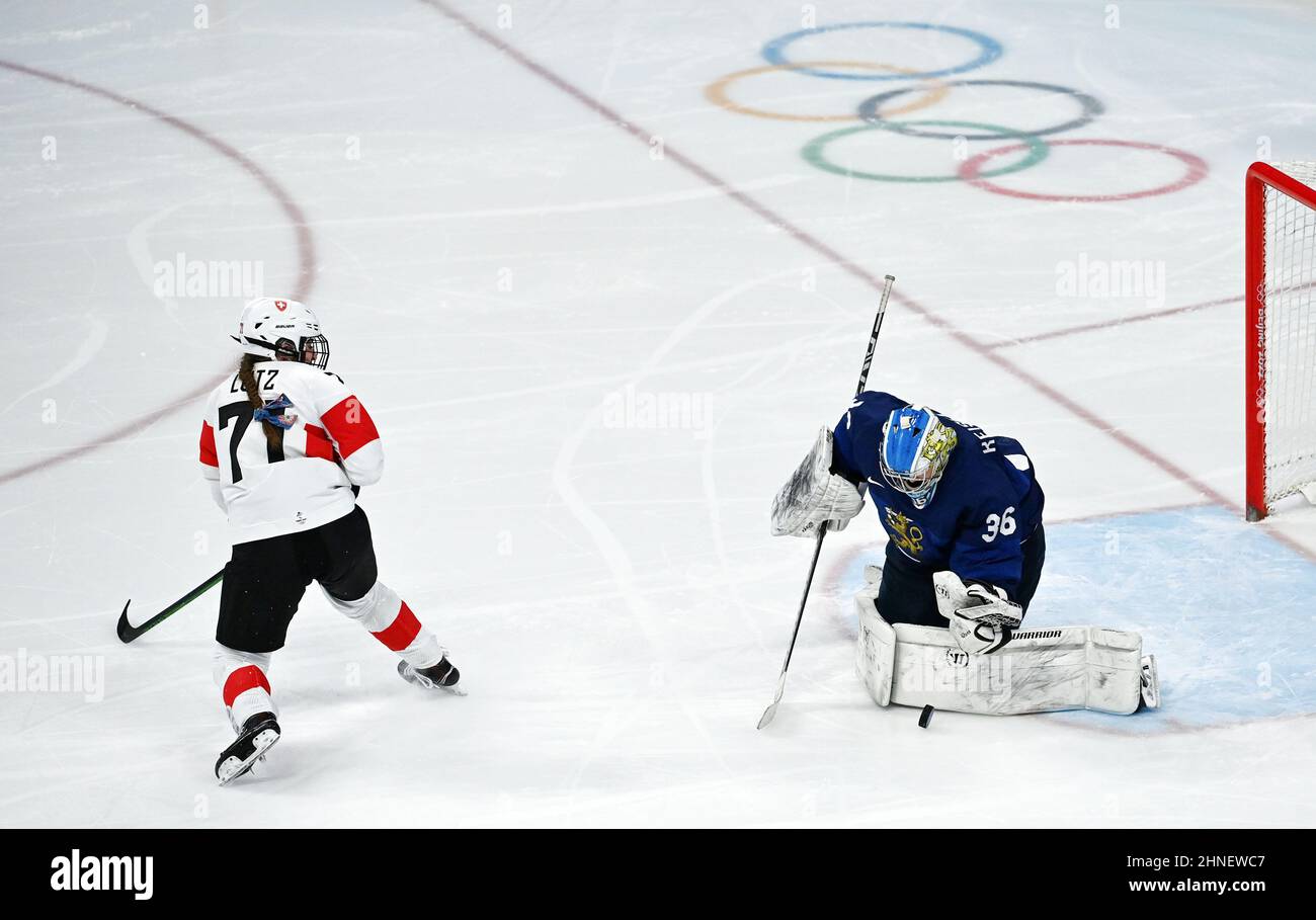 Beijing, China. 16th Feb, 2022. Goalkeeper Anni Keisala (R) of Finland makes a save during the ice hockey women's bronze medal game of Beijing 2022 Winter Olympics between Finland and Switzerland at Wukesong Sports Centre in Beijing, capital of China, Feb. 16, 2022. Credit: Li Ran/Xinhua/Alamy Live News Stock Photo