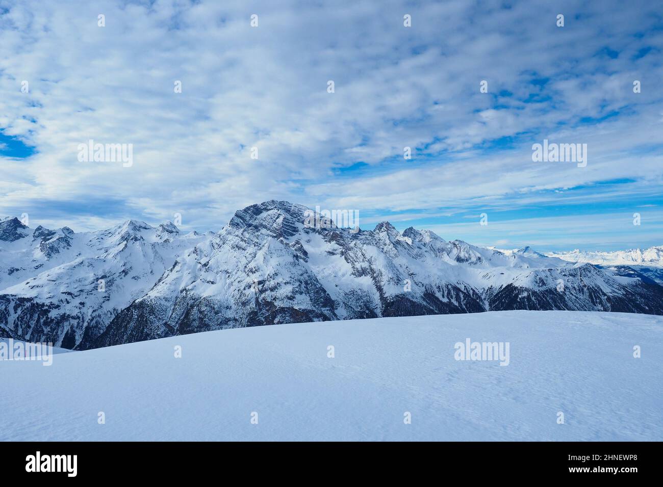 Piz Ela, a famous peak in Grisons, Switzerland, seen from Mount Darlux during winter conditions Stock Photo