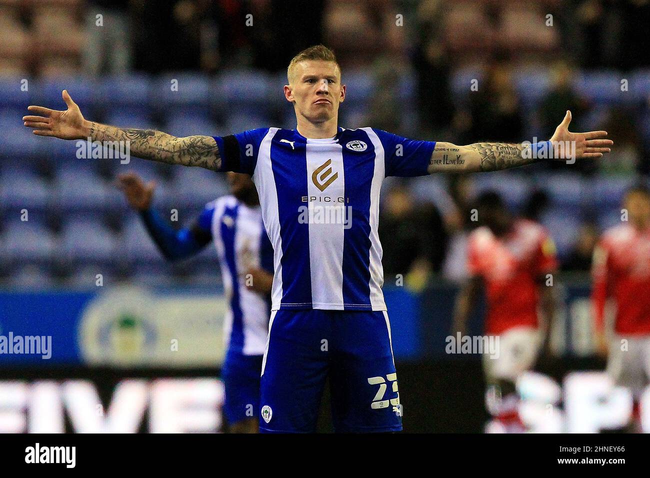 Wigan, UK. 15th Feb, 2022. James McClean of Wigan Athletic celebrates after scoring their second goal to make the score 2-0 during the Sky Bet League One match between Wigan Athletic and Crewe Alexandra at DW Stadium on February 15th 2022 in Wigan, England. (Photo by Tony Taylor/phcimages.com) Credit: PHC Images/Alamy Live News Stock Photo