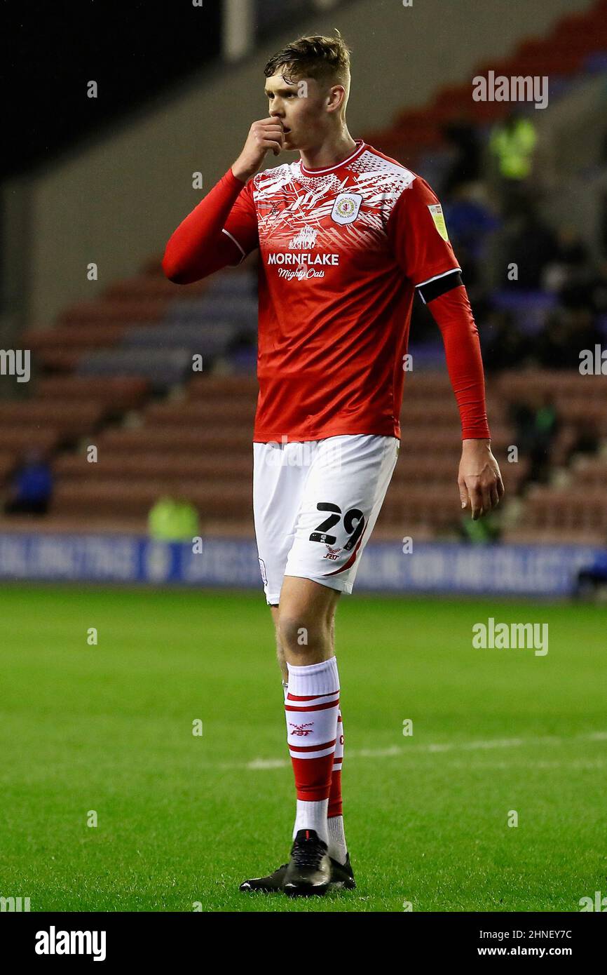 Wigan, UK. 15th Feb, 2022. Connor O'Riordan of Crewe Alexandra during the Sky Bet League One match between Wigan Athletic and Crewe Alexandra at DW Stadium on February 15th 2022 in Wigan, England. (Photo by Tony Taylor/phcimages.com) Credit: PHC Images/Alamy Live News Stock Photo